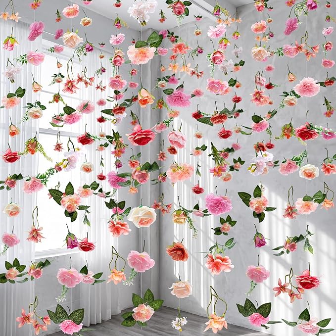 Suncalla 6 Pcs 35.46 ft Flower Garlands Backdrop Spring Artificial Wildflower Vines Floral Decorations for Party Fake Flower Vines Faux Silk Wildflower for Easter Wedding Garden Wall Arch(Soft Pink)