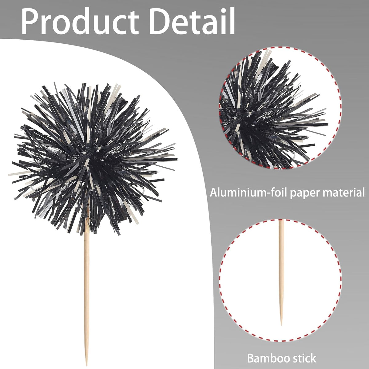 40 PCS Black Foil Firework Cupcake Toppers Sparkle Tinsel Cupcakae Picks Sparkler Fireworks Party Decorations Cocktail Fruit Toothpick for Birthday