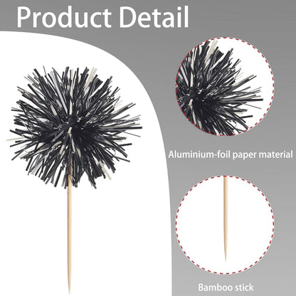 40 PCS Black Foil Firework Cupcake Toppers Sparkle Tinsel Cupcakae Picks Sparkler Fireworks Party Decorations Cocktail Fruit Toothpick for Birthday