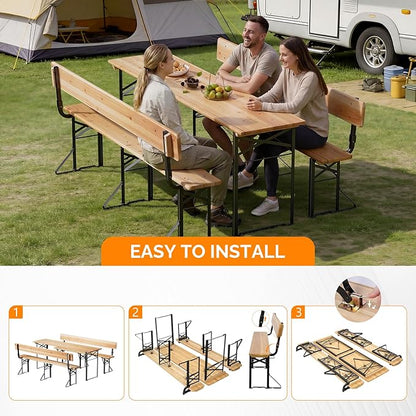 VINGLI 70 Inch Folding Picnic Tables and Chair Set with Backrest Bench, Weather-Resistant Wooden Beer Garden Table Bench, 3-Piece Portable Fold Up Camping BBQ Table,Natural Wood Color
