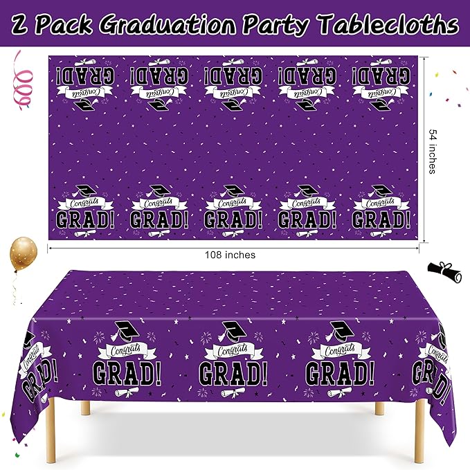 2 Pcs Graduation Tablecloth, 108" X 54" Plastic Graduation Decorations 2026, Rectangle Purple Table Cloths for Grad Decor Party Supplies, Disposable Tablecover for Class of 2026 Congrats Grad for kids