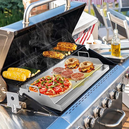 GasSaf Universal Stainless Steel Griddle, 25" x 16" Rectangular Cooking Griddle Plate Insert for Gas Grills/Stove, Large Grill Flat Top Pan with Grease Groove and Removable Handles for Camping