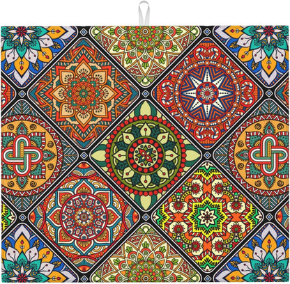 Mandala Colorful Kitchen Drying Mat Retro Microfiber Dish Drainer Mat for Kitchen Counter Boho Decor Absorbent Reusable Washable 16x18 Inch