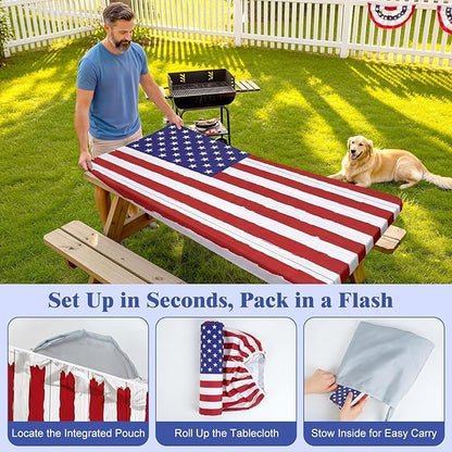 Picnic Table Cover with Bench Covers Windproof Waterproof Picnic Table Covers Camping Tablecloth with Self-Storage Bag, 72in, Bright White Wood