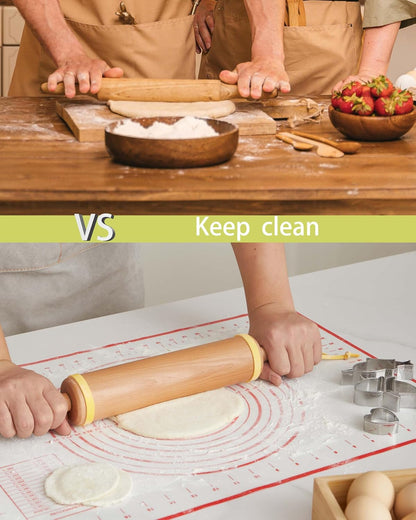 Classic Wood Rolling Pin, 17" Rolling Pins for Baking with Silicone Mat and Adjustable Thickness Rings, Pasta Roller with Wood Base