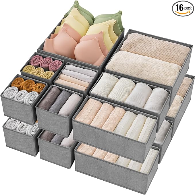 Criusia Drawer Organizer Clothes,16 Pack Underwear Drawer Organizers, Foldable Closet Organizers and Storage Dresser Drawer Dividers Clothing Organizer for Clothes, Socks, Scarves, Bra, Ties (Grey)