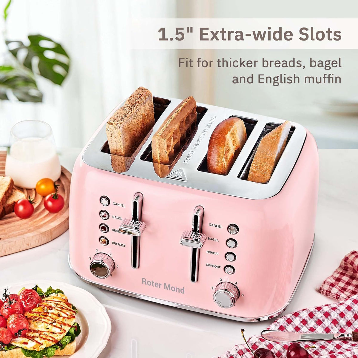 Toaster 4 Slice Retro Stainless Steel with Extra Wide Slots Bagel, Defrost, Reheat Function, Dual Independent Control Panel, Removable Crumb Tray, 6 Browning Levels, Pink