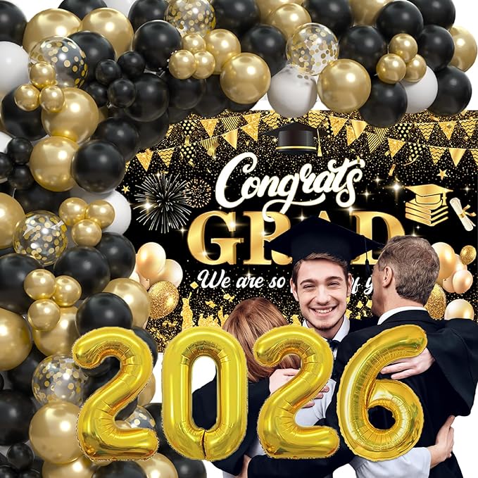 Black Gold 2026 Graduation Party Decorations - Graduation Balloon Arch Kit With Black Gold Graduation Balloons, Congrats Grad Backdrop, 2026 Foil Balloons For High College School Graduation Decor
