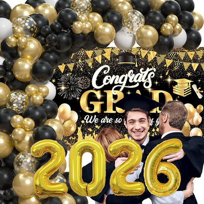 Black Gold 2026 Graduation Party Decorations - Graduation Balloon Arch Kit With Black Gold Graduation Balloons, Congrats Grad Backdrop, 2026 Foil Balloons For High College School Graduation Decor