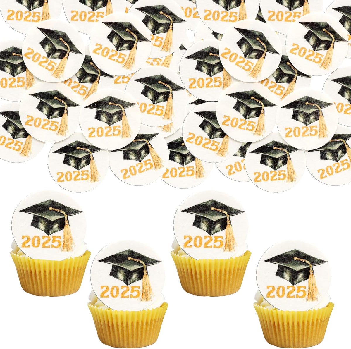 Gyufise 48Pcs Edible 2025 Graduation Cap Cupcake Toppers Wafer Paper Class of 2025 Grad Cap Cupcake Picks for 2025 Graduation Theme Party Cake Decorations Supplies Gold