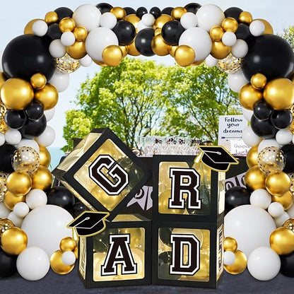 DAZONGE 2026 Graduation Decorations Black and Gold - Set of 4 Grad Boxes with 139pcs Balloon Arch Garland Kit & 4 Light Strings - So Proud of You 2026 Graduation Party Decorations for Any Grades