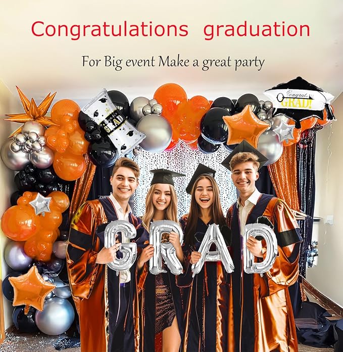 Black orange and silver Balloon Garland Arch Kit 130Pcs with orange and Silver Stars Graduation Certificate Graduation Cap crown GRAD Letters Mylar Balloons for 2025 GRAD Prom Decorations