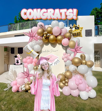 Pink and White Gold Grad Balloon garland arch kit 145pcs With Large Gold Star GRAD Letter balloons for 2026 graduations decorations Prom girl's birthday party supplies