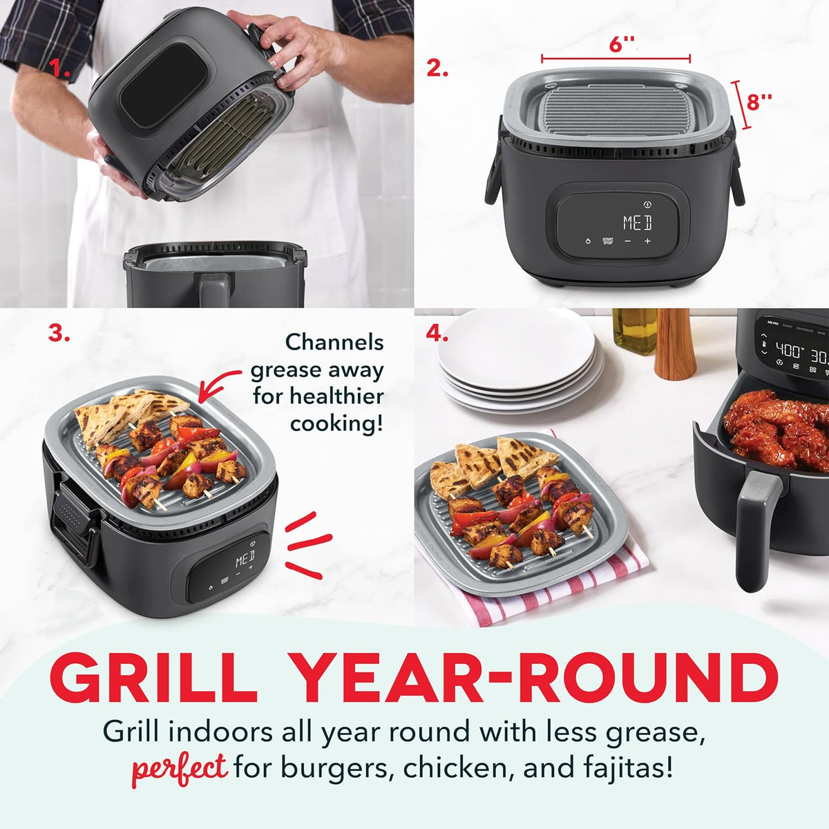 Dash Flip & Fry™ Digital 2-in-1 Grill + Air Fryer with 5 functions, 3 Qt Capacity, Air fryer & Indoor Grill for fries, wings, burgers and more - Forged Iron