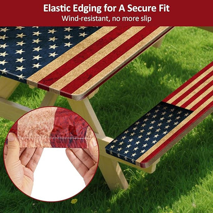 Picnic Table Cover with Bench Covers 6FT 3PCS, Camping Essentials Waterproof Windproof Tablecloth with Drawstring Bag, Fitted Rectangle Tables and Seats, 72", US Flag