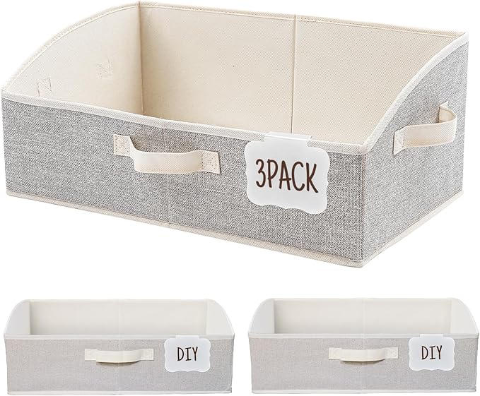 Closet Organizers and Storage Bins with Labels Clip, Large Trapezoid Storage Baskets for Shelves, 28L Foldable Fabric Clothing Organizer for Blankets, Towels and Toys, Honey Beige,White, 3-Pack