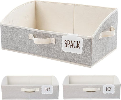 Closet Organizers and Storage Bins with Labels Clip, Large Trapezoid Storage Baskets for Shelves, 28L Foldable Fabric Clothing Organizer for Blankets, Towels and Toys, Honey Beige,White, 3-Pack