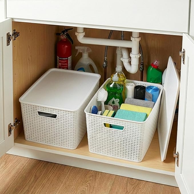 BINO | Plastic Storage Baskets with Lids, 33 Liter - 3 Pack, White | THE WOVEN COLLECTION | Storage Basket for Shelves | Woven Storage Baskets for Organizing Bins Pantry Shelf Organizer Container Bin