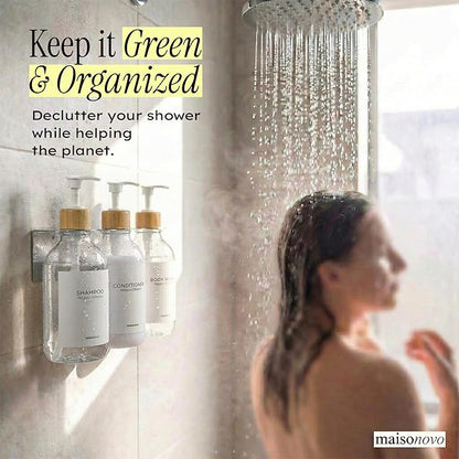 Shampoo and Conditioner Dispenser Wall Mounted Set of 3 Clear Bamboo - No Drill Shower Soap Dispenser for Bathroom Refillable - Spa Hotel Style Accessories by MaisoNovo