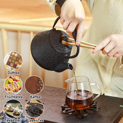 Cast Iron Teapot, 32oz Tea Kettle with Infuser for Stove Top, Sakura Blossom Pattern Japanese Tea Pot for Tea &amp; Coffee Coated with Enameled Interior, Silicone Handle 950ml black