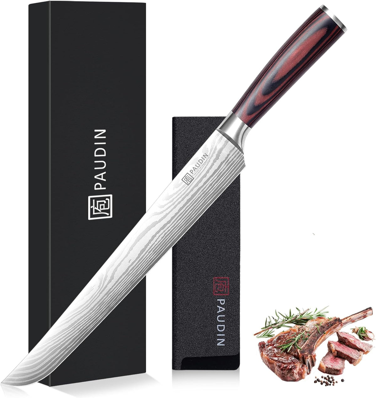 Paudin Carving Knife, 12 Inch Brisket Knife, Razor Sharp Edge Slicing Knife for Brisket Meat, Forged German High Carbon Stainless Steel