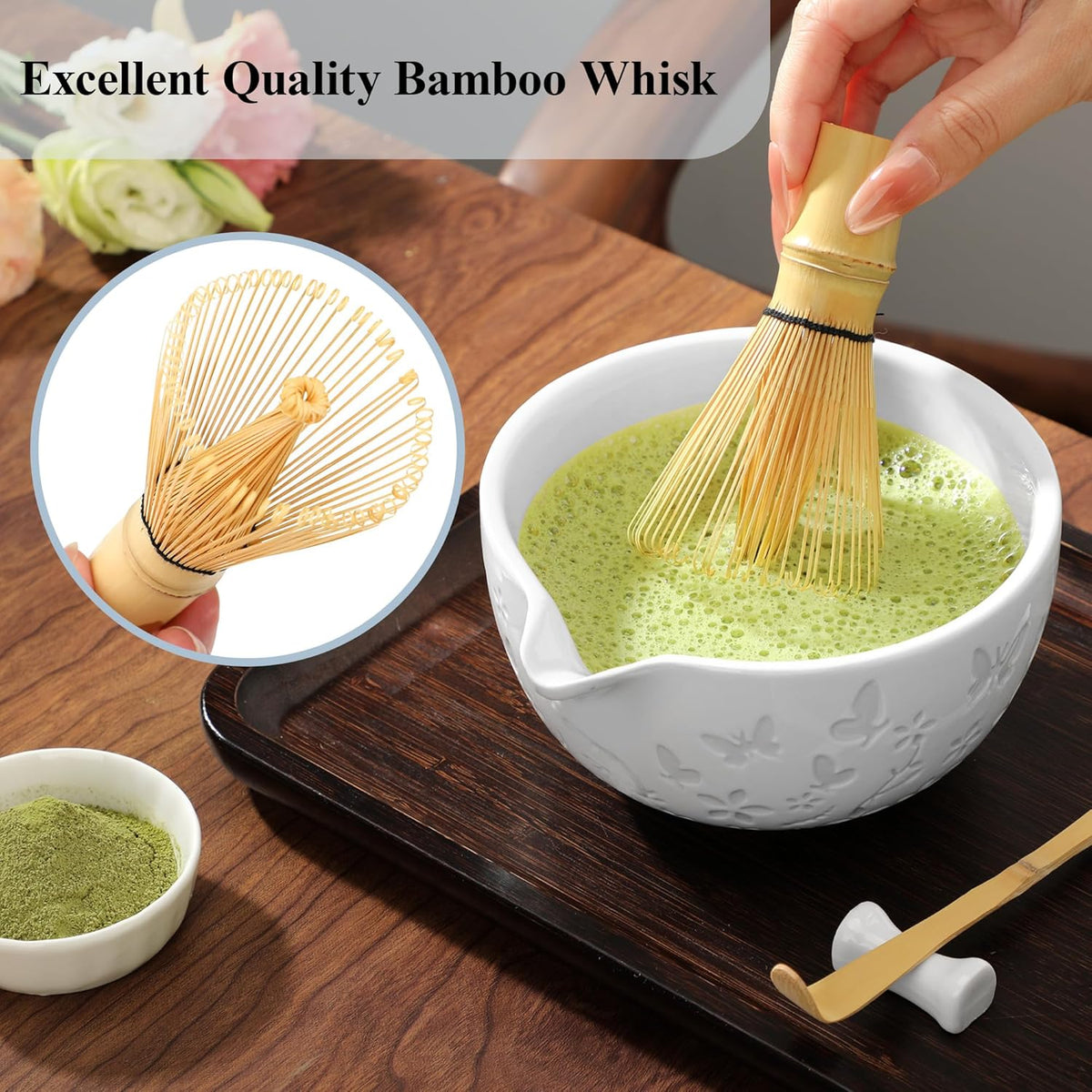 7 PCS Matcha Set Ceramic Matcha Making Kit, Bamboo Whisk, Bowl With Spout, Powder Starter Sifter, Ceramic Whisk Holder, Tea Towel, Scoop and Scoop Rest Matcha Whisk Set for Matcha Lover White