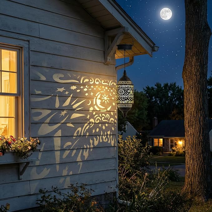 Hapjoy Moroccan Hanging Solar Lights Outdoor Garden Decor Sun and Moon Decorations Solar Lantern Waterproof for Patio Pathway Yard Backyard Garden Decorative (Cylinder, 2)