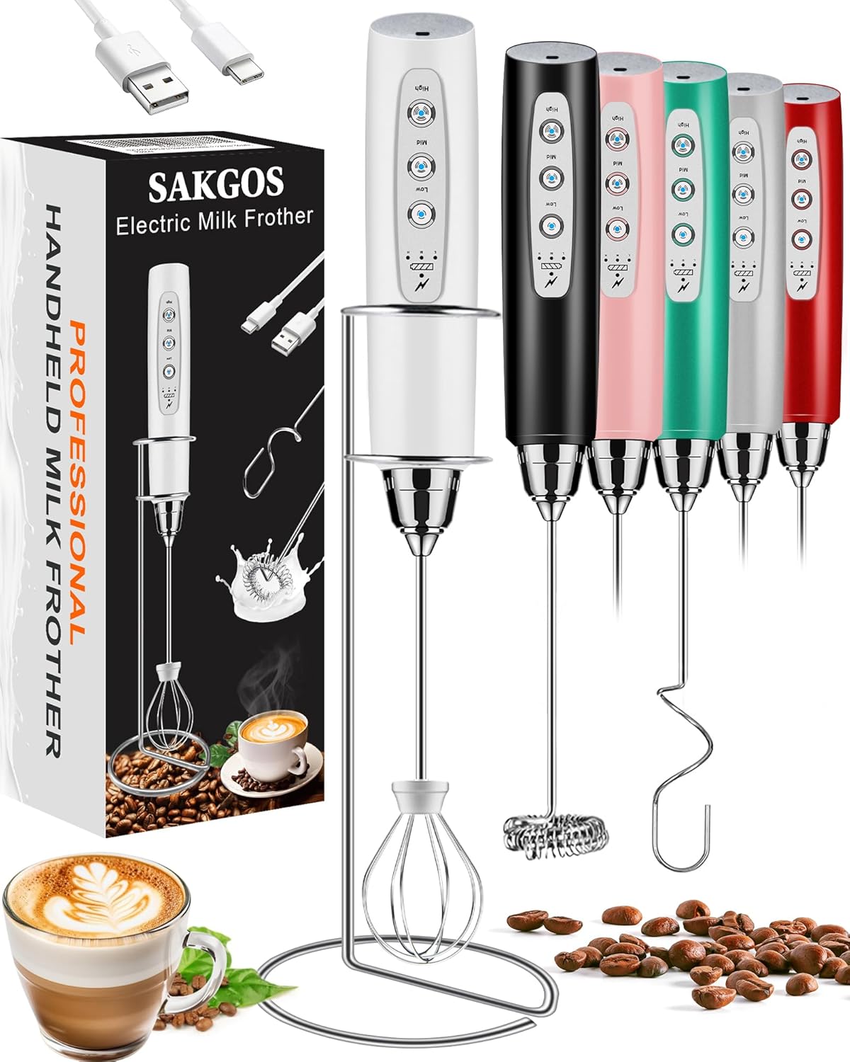 Milk Frother with Stand Rechargeable-Handheld Coffee Frother with 3 Stainless Whisks 3 Speed Adjustable, Electric Whisk Drink Mixer