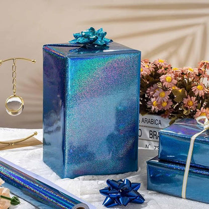 Burymento Blue Wrapping Paper Roll, Metallic Holographic Point Gift Wrap for Birthday, Valentines, Mothers day, Graduation, Wedding, Fathers day, Baby Shower, Christmas (17 IN x 32.8 FT)