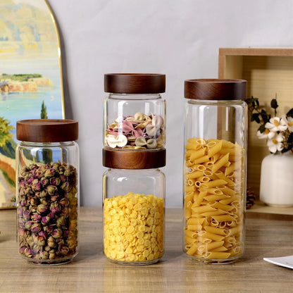 13.5 oz/400 ml Glass Jar with Airtight Wooden Screw Top Lid, Clear Stackable Food Storage Canister, Small Cute Decorative Glass Container for Coffee, Candy, Cookie, Sugar, Oatmeal, Salt, Spice