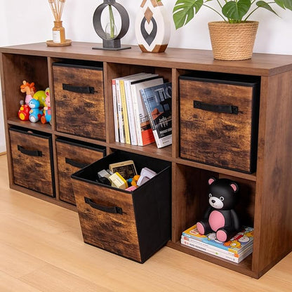 13 Inch Fabric Storage Cubes, 8 Pack Foldable Storage Bins with Handle, Fabric Cube Box for Shelves, Closet, Bedroom, Living Room, Organizer, Rustic Brown and Ink Black