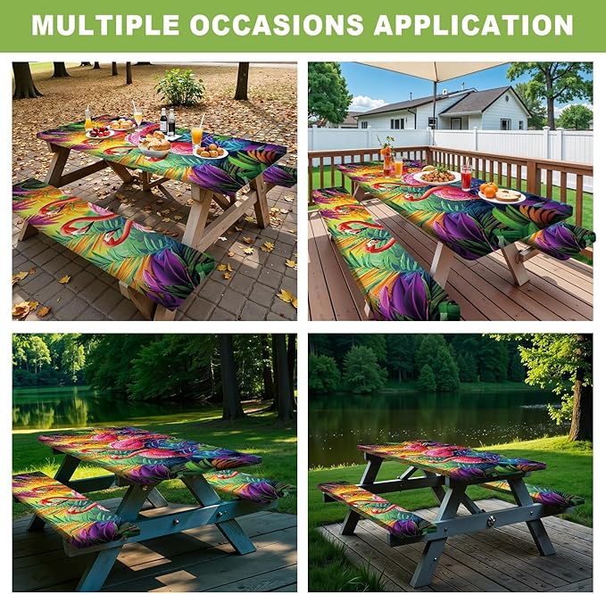 ANNA QUEEN Tropical Flamingo Summer Flower Picnic Table Cover 6FT with Bench Covers Picnic Table Cover Set 3PCS 72"x30", Outdoor Bench and Tablecloth Furniture Protection