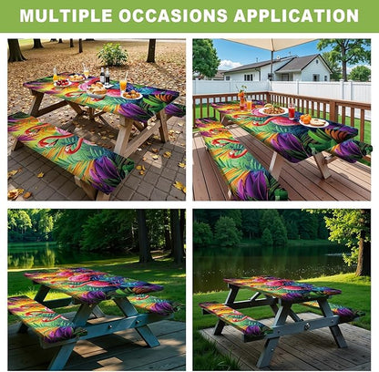 ANNA QUEEN Tropical Flamingo Summer Flower Picnic Table Cover 6FT with Bench Covers Picnic Table Cover Set 3PCS 72"x30", Outdoor Bench and Tablecloth Furniture Protection