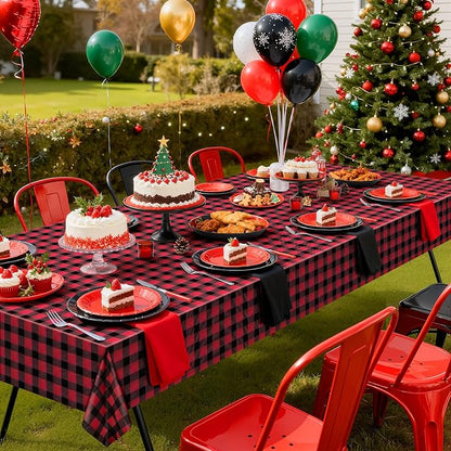 1 Pack Red Striped Gingham Tablecloths, 54 x 108 Inch Disposable Plastic Rectangle Table Covers, Waterproof Red and Black Checkered Table Cloths for Picnic, Birthday, Party, Outdoor Events