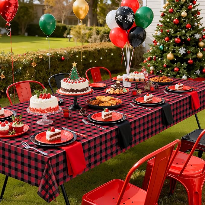 2 Pack Red Striped Gingham Tablecloths, 54 x 108 Inch Disposable Plastic Rectangle Table Covers, Waterproof Red and Black Checkered Table Cloths for Picnic, Birthday, Party, Outdoor Events