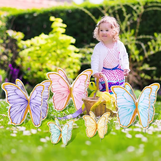 5 Pcs Giant Butterfly Garden Stakes Decorations, 3D Glitter Butterfly Yard Signs Spring Lawn Outdoor Decorative for Purple Tea Party Graduation Fairy Birthday Wedding Baby Shower Patio Decor