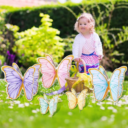 5 Pcs Giant Butterfly Garden Stakes Decorations, 3D Glitter Butterfly Yard Signs Spring Lawn Outdoor Decorative for Purple Tea Party Graduation Fairy Birthday Wedding Baby Shower Patio Decor