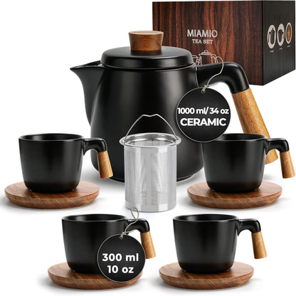 Miamio – 34 Oz Ceramic Tea Pot Set with Infuser and Cups/Tea Strainer, 4 Ceramic Tea Mugs (10 Oz), Bamboo Saucers/Handle for Home and Office (Black)