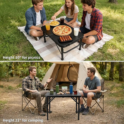 2FT Small Camping Portable Table, Black Aluminum Frame, Adjustable Height up to 21", Lightweight Carry Handle, Portable for Travel, Camping Outdoor Use