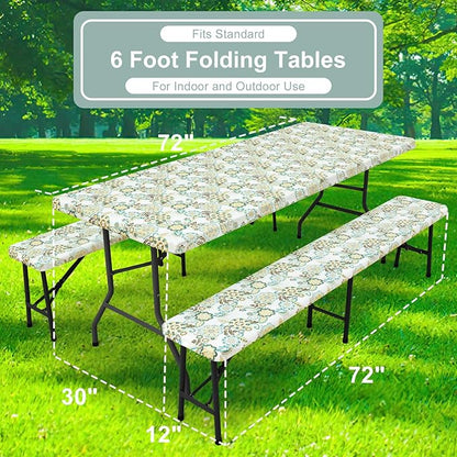 misaya Picnic Table Cover with Bench Cover, Waterproof Elastic Fitted Tablecloth for 6 Foot Tables, Rectangle Washable Polyester Tablecloths for Picnic, Camping, Outdoor (Paisley Flower, 30" x 72")