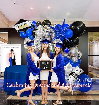 Black royal blue and Silver Balloon Garland Arch Kit 130+ Pieces with royal blue and Silver Stars, Graduation Certificate Graduation Cap GRAD Letters Mylar Balloons for 2025 Graduation Prom Decoration