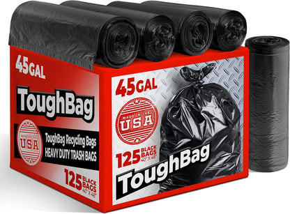 ToughBag 40-45 Gallon Trash Bags Heavy Duty (125 Count) | Black Garbage Bags | Made In USA