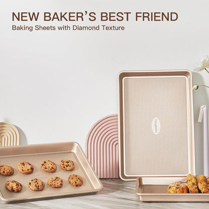 Baking Sheet Pan Set of 3, Cookie Sheets for Oven, Nonstick Half/Quarter/Jelly Roll Pans with Diamond Texture Pattern, 0.8mm Thick Heavy Duty Cookie Tray, Champagne Gold