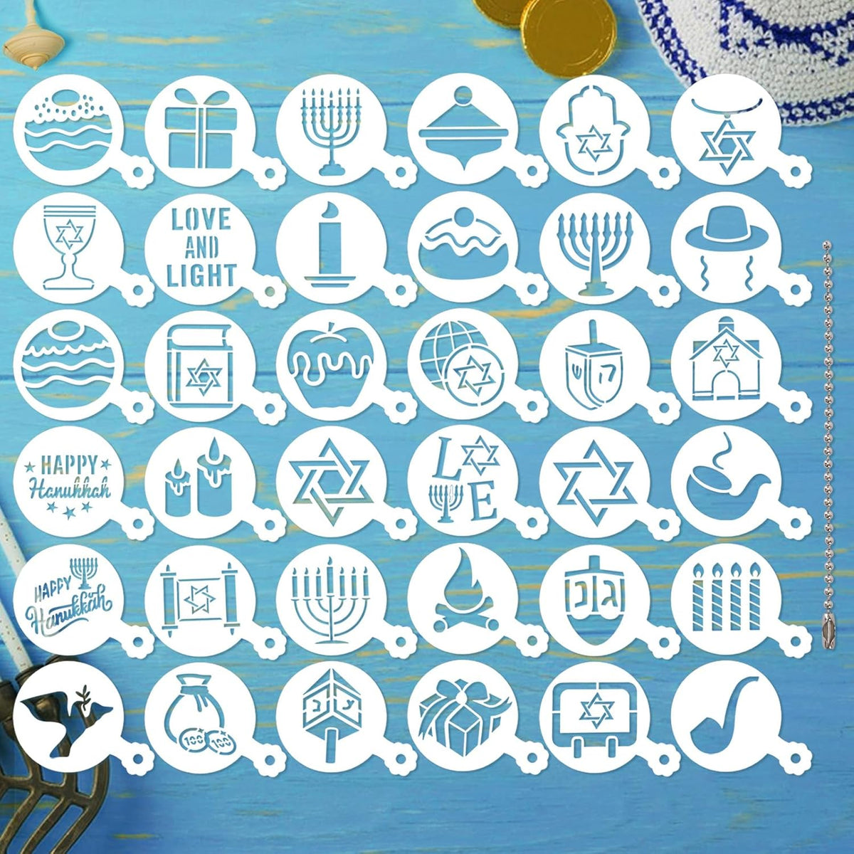Julbear 36 Pcs Reusable Hanukkah Cake Cookie Stencils Dreidel Menorah for Cookies Coffee DIY Hanukkah Holiday Baking Painting Dessert Craft Decoration