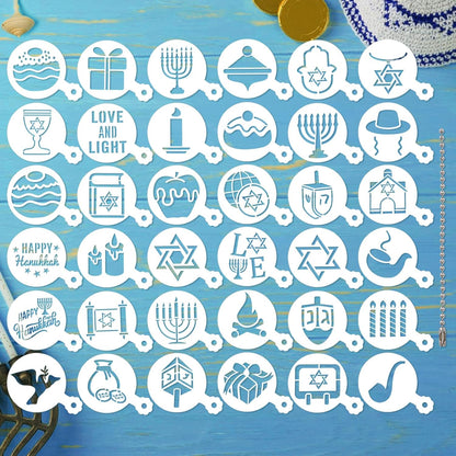 Julbear 36 Pcs Reusable Hanukkah Cake Cookie Stencils Dreidel Menorah for Cookies Coffee DIY Hanukkah Holiday Baking Painting Dessert Craft Decoration