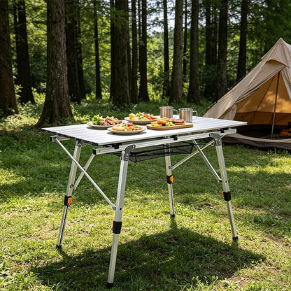 JOUYEK Folding Outdoor Camping Table with Adjustable Legs, Lightweight Aluminum Roll Up Camp Table with Carrying Bag, Mesh Storage Organizer, for Cooking, Picnic, Beach, Backyards, BBQ, Party