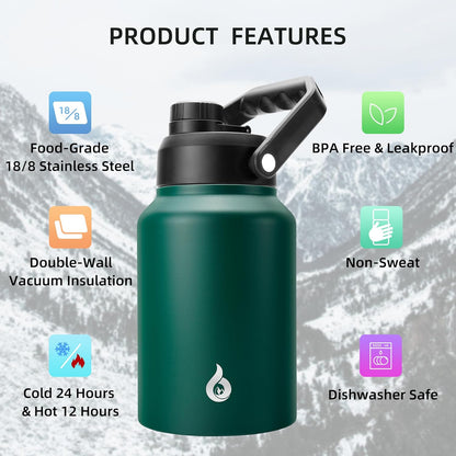 Bjpkpk 64 oz Insulated Water Bottle, Dishwasher Safe Half Gallon Water Bottle with Ergonomic Handle, BPA Free Leak Proof Water Jug for Sports