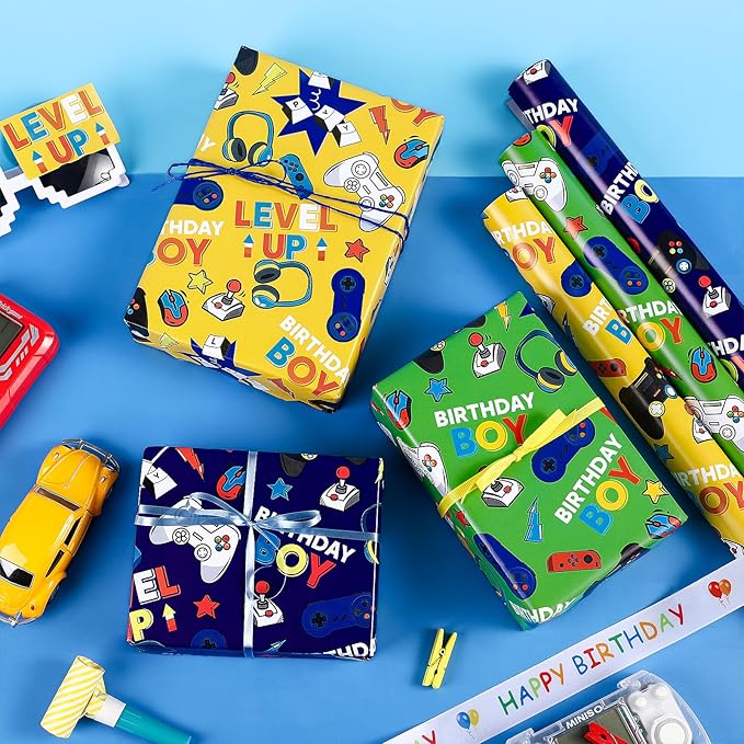 WRAPAHOLIC Gaming Wrapping Paper - 3 Short Roll - Video Game Birthday Wrapping Paper for Kids Boys Birthday, Game Lover - 17 Inch x 120 Inch Per roll
