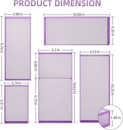 Marbrasse 5 Pack Desk Drawer Organizer Set, Mesh Drawer Storage Trays with 1 Adjustable Divider, Desk Organizers and Accessories, 5 PCS Drawer for Office Supplies, Makeup & Vanity (Purple)
