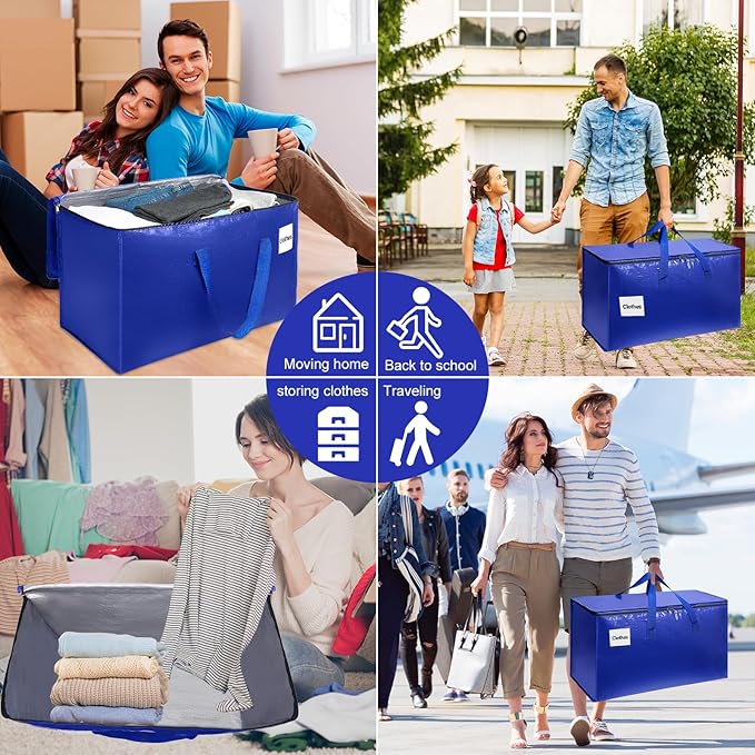 4 Pack XL Heavy Duty Moving Bags with Reinforced Stitching & Smooth Dual Zippers, Large Capacity Storage Totes for Clothes, Closet, Travel & Home Organization, Blue